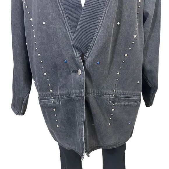 TRASH CLOTHING Vintage 90s Black Acid Washed‎ Studded & Beaded Denim Jacket sz L - Picture 3 of 9